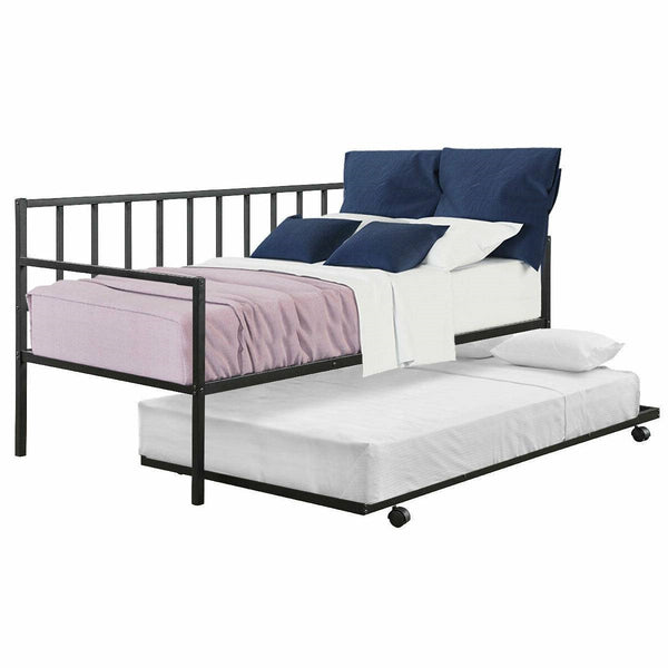 Twin Daybed with Roll-Out Trundle Metal Frame, Space-Saving Design, Black