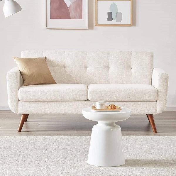Mid-Century Modern Cotton-Polyester Upholstered Loveseat Sofa with Wooden Legs – Beige 2-Seater Couch for Small Spaces