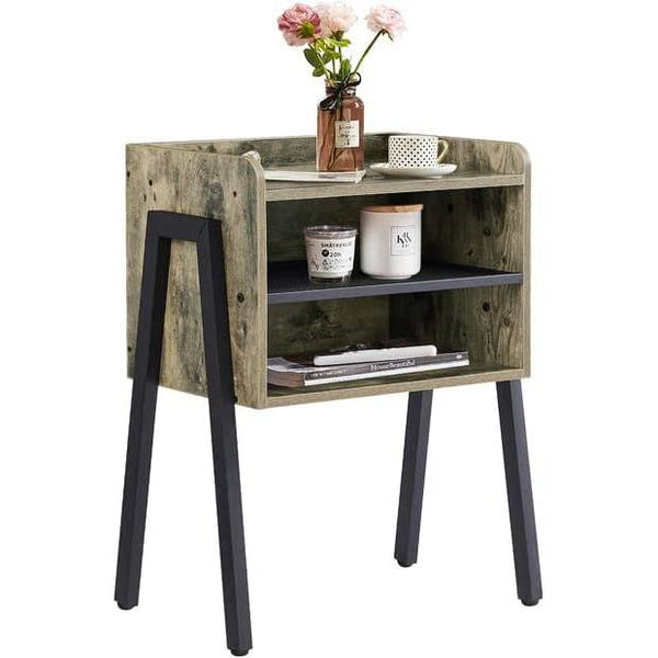 Modern Industrial Nightstand - Engineered Wood Grey Wood Finish - 2 Storage Compartments - Black Metal Pipe Frame - 23.6" Height