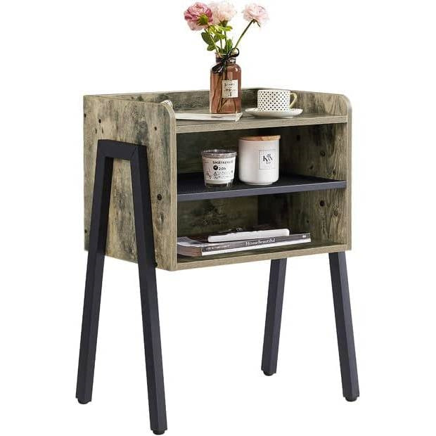 Modern Industrial Nightstand - Engineered Wood Grey Wood Finish - 2 Storage Compartments - Black Metal Pipe Frame - 23.6" Height