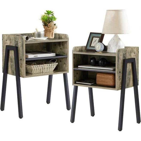 Set of 2 Modern Industrial Nightstands with Grey Wood Finish and Black Metal X-Frame - Bedside Side Tables