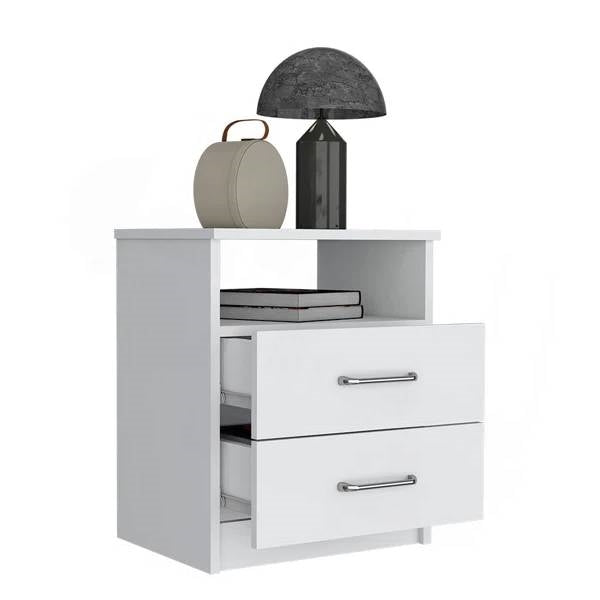 Modern Nightstand Wood White Finish 2-Drawer Storage Open Shelf All-Metal Railings 19.9" Height