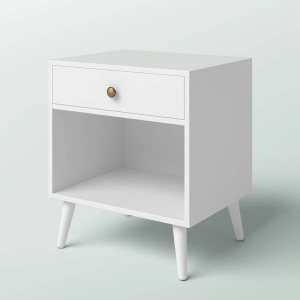 Mid-Century Modern Nightstand Wood Light Grey 1-Drawer Storage Open Shelf 22.8" Height