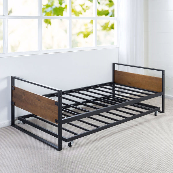 Twin Daybed with Roll-Out Trundle Metal & Wood Frame with Industrial Style, Natural/Black